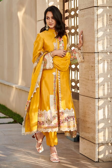 Varun Bahl Yellow Dupatta-georgette, Kurta And Trouser-chanderi Chanderi Trouser Set 