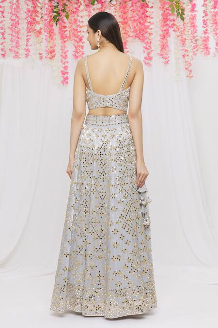Shop_Vandana Sethi_Grey Organza Mirror, Zari V Neck Embroidered Bridal Lehenga Set _at_Aza_Fashions