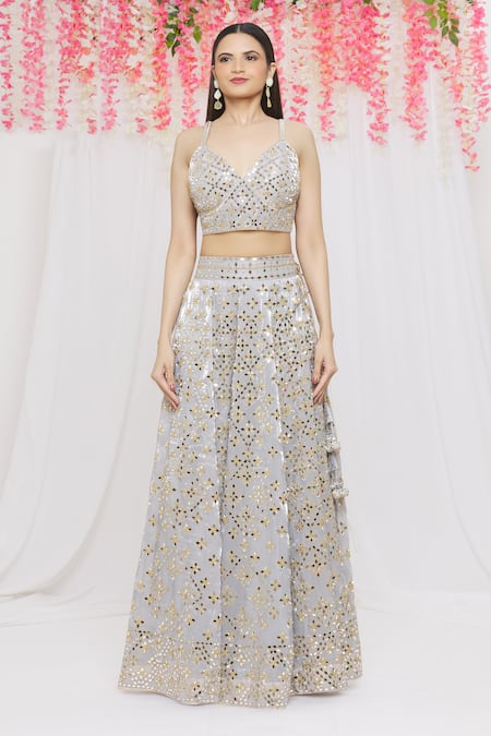 Vandana Sethi_Grey Organza Mirror, Zari V Neck Embroidered Bridal Lehenga Set _Online_at_Aza_Fashions