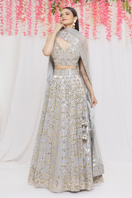 Buy_Vandana Sethi_Grey Organza Mirror, Zari V Neck Embroidered Bridal Lehenga Set _Online_at_Aza_Fashions