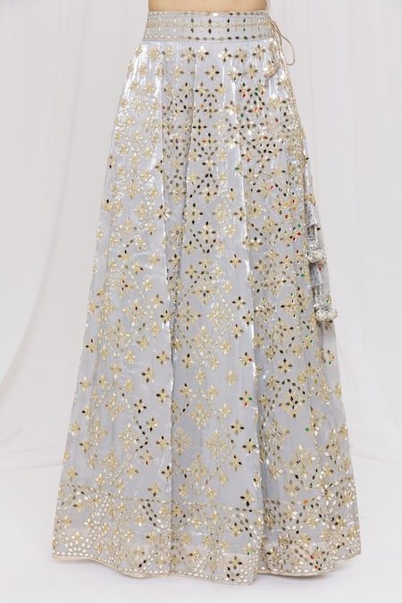 Vandana Sethi_Grey Organza Mirror, Zari V Neck Embroidered Bridal Lehenga Set _at_Aza_Fashions