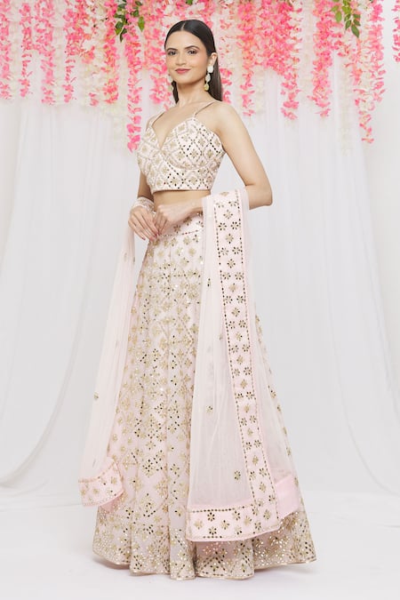 Buy_Vandana Sethi_Pink Organza Mirror, Zari Sweetheart Neck Embroidered Bridal Lehenga Set_Online_at_Aza_Fashions