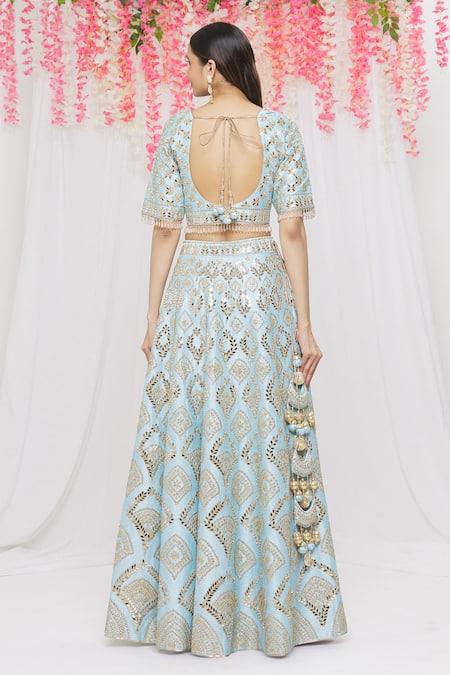 Shop Vandana Sethi Blue Dupion Silk Mirror, Zari Leaf Neck Embroidered Bridal Lehenga Set at Aza Fashions Shop_Vandana Sethi_Blue Dupion Silk Mirror, Zari Leaf Neck Embroidered Bridal Lehenga Set _at_Aza_Fashions