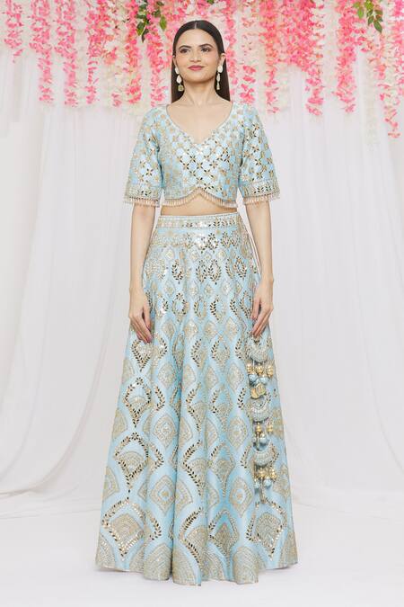 Vandana Sethi Blue Dupion Silk Mirror, Zari Leaf Neck Embroidered Bridal Lehenga Set Online at Aza Fashions Vandana Sethi_Blue Dupion Silk Mirror, Zari Leaf Neck Embroidered Bridal Lehenga Set _Online_at_Aza_Fashions