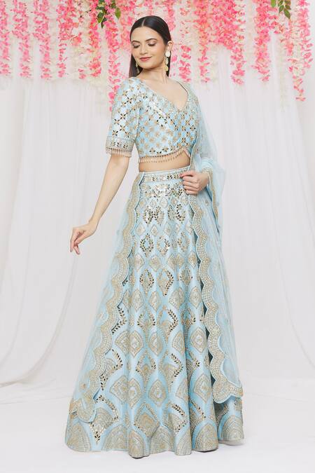 Buy Vandana Sethi Blue Dupion Silk Mirror, Zari Leaf Neck Embroidered Bridal Lehenga Set Online at Aza Fashions Buy_Vandana Sethi_Blue Dupion Silk Mirror, Zari Leaf Neck Embroidered Bridal Lehenga Set _Online_at_Aza_Fashions