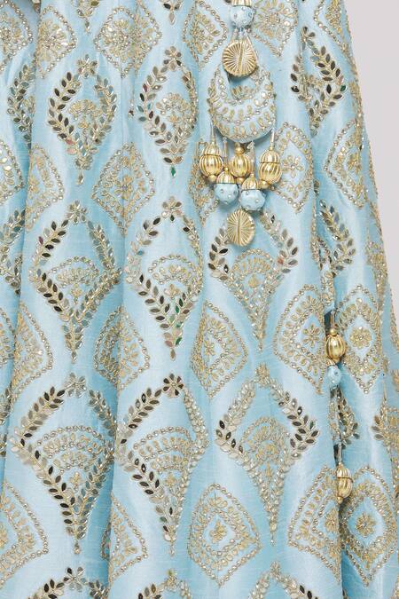 Shop Vandana Sethi Blue Dupion Silk Mirror, Zari Leaf Neck Embroidered Bridal Lehenga Set Online at Aza Fashions Shop_Vandana Sethi_Blue Dupion Silk Mirror, Zari Leaf Neck Embroidered Bridal Lehenga Set _Online_at_Aza_Fashions