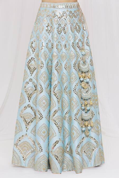 Vandana Sethi Blue Dupion Silk Mirror, Zari Leaf Neck Embroidered Bridal Lehenga Set at Aza Fashions Vandana Sethi_Blue Dupion Silk Mirror, Zari Leaf Neck Embroidered Bridal Lehenga Set _at_Aza_Fashions