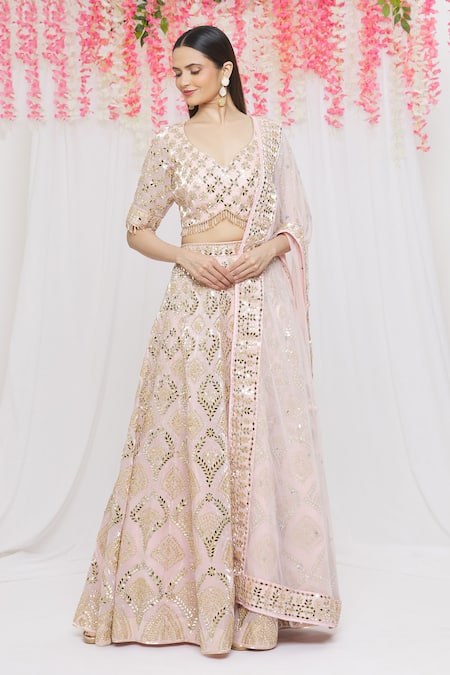 Vandana Sethi Pink Organza Geometric, Mirror, Zari Leaf Neck Embroidered Bridal Lehenga Set
