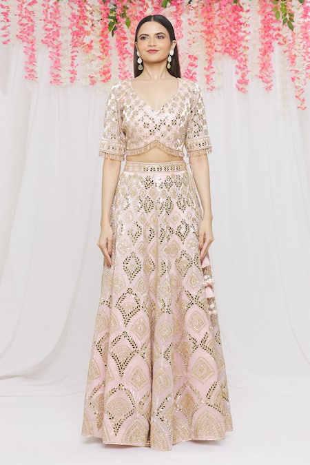 Vandana Sethi_Pink Organza Geometric, Mirror, Zari Leaf Neck Embroidered Bridal Lehenga Set_Online_at_Aza_Fashions