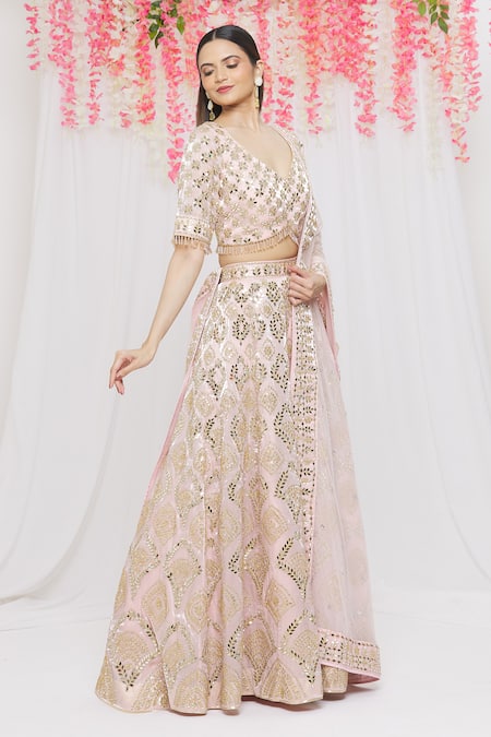 Buy_Vandana Sethi_Pink Organza Geometric, Mirror, Zari Leaf Neck Embroidered Bridal Lehenga Set_Online_at_Aza_Fashions