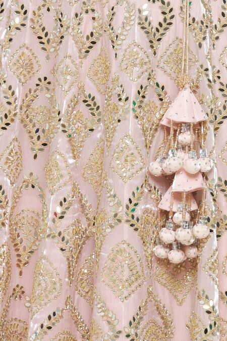 Shop_Vandana Sethi_Pink Organza Geometric, Mirror, Zari Leaf Neck Embroidered Bridal Lehenga Set_Online_at_Aza_Fashions