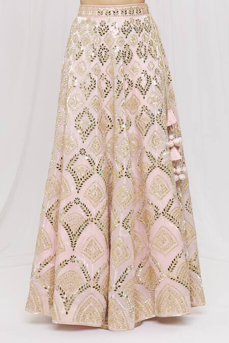 Vandana Sethi_Pink Organza Geometric, Mirror, Zari Leaf Neck Embroidered Bridal Lehenga Set_at_Aza_Fashions