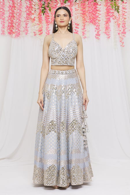 Vandana Sethi Blue Chanderi Silk Mirror, Zari V Neck Bridal Lehenga Set Online at Aza Fashions Vandana Sethi_Blue Chanderi Silk Mirror, Zari V Neck Bridal Lehenga Set _Online_at_Aza_Fashions