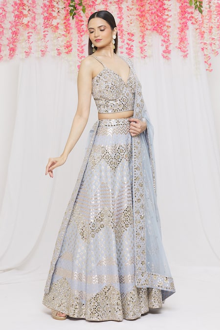 Buy Vandana Sethi Blue Chanderi Silk Mirror, Zari V Neck Bridal Lehenga Set Online at Aza Fashions Buy_Vandana Sethi_Blue Chanderi Silk Mirror, Zari V Neck Bridal Lehenga Set _Online_at_Aza_Fashions