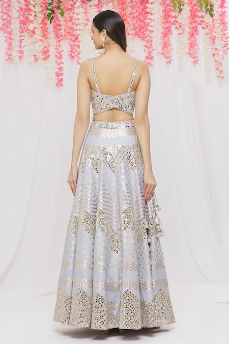 Shop Vandana Sethi Blue Chanderi Silk Mirror, Zari V Neck Bridal Lehenga Set at Aza Fashions Shop_Vandana Sethi_Blue Chanderi Silk Mirror, Zari V Neck Bridal Lehenga Set _at_Aza_Fashions