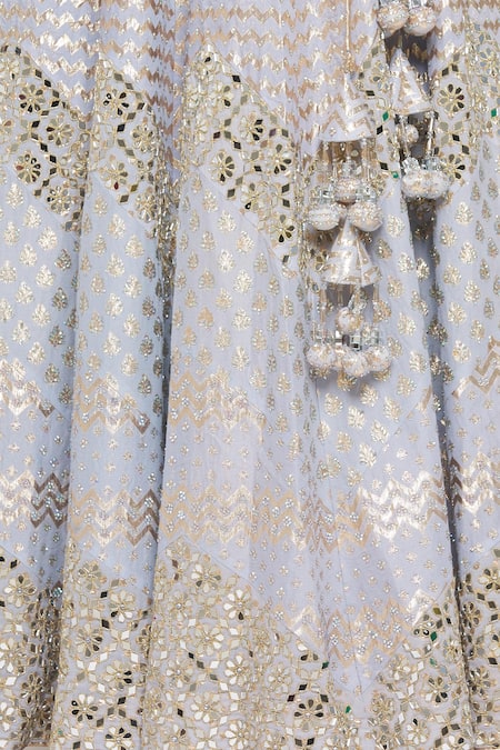 Shop Vandana Sethi Blue Chanderi Silk Mirror, Zari V Neck Bridal Lehenga Set Online at Aza Fashions Shop_Vandana Sethi_Blue Chanderi Silk Mirror, Zari V Neck Bridal Lehenga Set _Online_at_Aza_Fashions