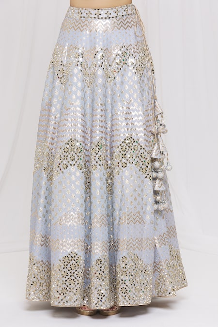 Vandana Sethi Blue Chanderi Silk Mirror, Zari V Neck Bridal Lehenga Set at Aza Fashions Vandana Sethi_Blue Chanderi Silk Mirror, Zari V Neck Bridal Lehenga Set _at_Aza_Fashions