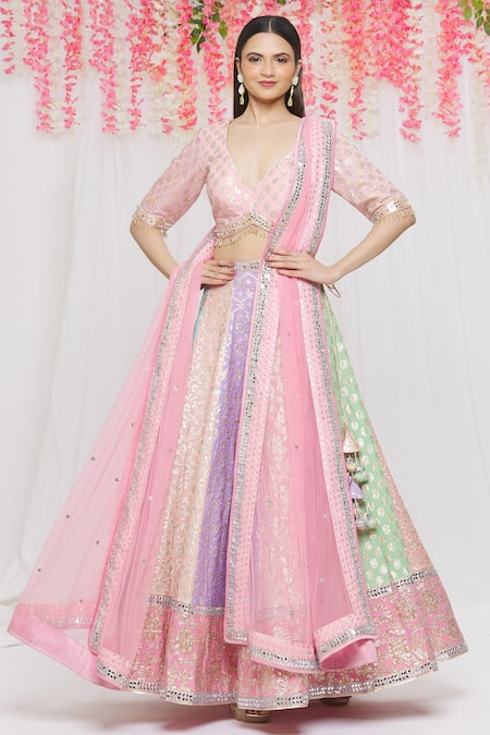 Vandana Sethi Pink Chanderi Silk Floral, Mirror V Neck Lehenga Set