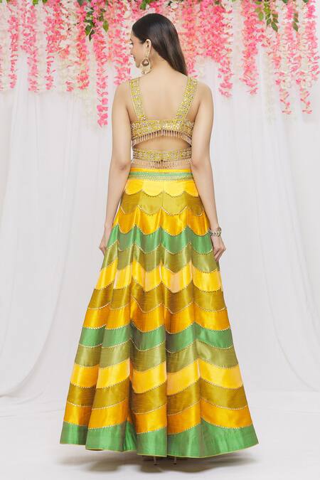 Shop Vandana Sethi Yellow Dupion Silk Lace, Mirror V Neck Colorblock Lehenga Set at Aza Fashions Shop_Vandana Sethi_Yellow Dupion Silk Lace, Mirror V Neck Colorblock Lehenga Set _at_Aza_Fashions
