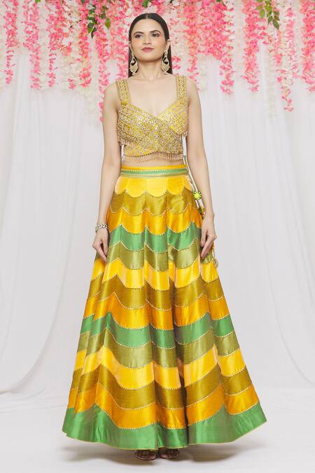 Vandana Sethi Yellow Dupion Silk Lace, Mirror V Neck Colorblock Lehenga Set Online at Aza Fashions Vandana Sethi_Yellow Dupion Silk Lace, Mirror V Neck Colorblock Lehenga Set _Online_at_Aza_Fashions