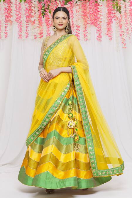 Buy Vandana Sethi Yellow Dupion Silk Lace, Mirror V Neck Colorblock Lehenga Set Online at Aza Fashions Buy_Vandana Sethi_Yellow Dupion Silk Lace, Mirror V Neck Colorblock Lehenga Set _Online_at_Aza_Fashions