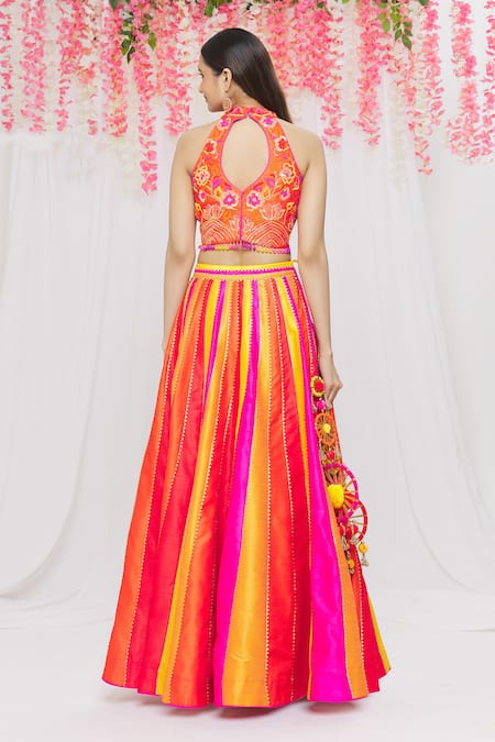 Shop Vandana Sethi Fuchsia Dupion Silk Floral, Gota, Sequin Colorblock Embroidered Lehenga Set at Aza Fashions Shop_Vandana Sethi_Fuchsia Dupion Silk Floral, Gota, Sequin Colorblock Embroidered Lehenga Set_at_Aza_Fashions