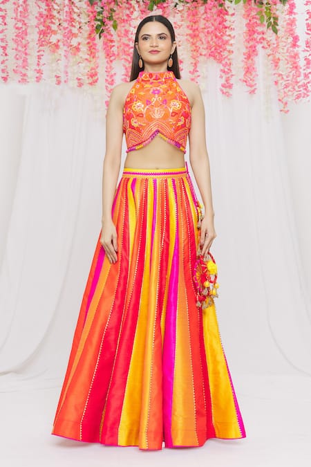 Vandana Sethi Fuchsia Dupion Silk Floral, Gota, Sequin Colorblock Embroidered Lehenga Set Online at Aza Fashions Vandana Sethi_Fuchsia Dupion Silk Floral, Gota, Sequin Colorblock Embroidered Lehenga Set_Online_at_Aza_Fashions