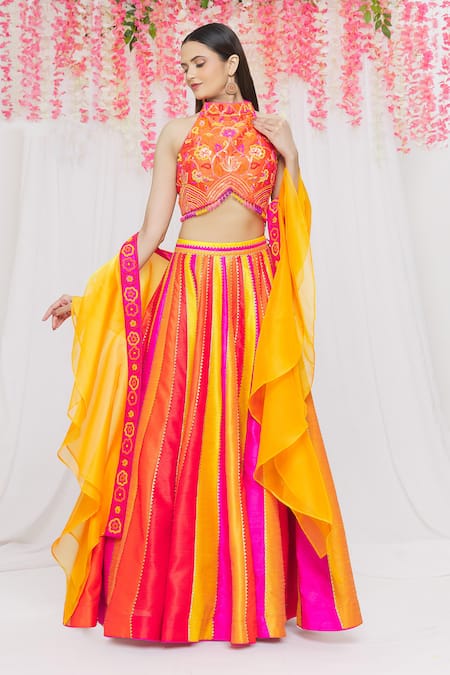 Buy Vandana Sethi Fuchsia Dupion Silk Floral, Gota, Sequin Colorblock Embroidered Lehenga Set Online at Aza Fashions Buy_Vandana Sethi_Fuchsia Dupion Silk Floral, Gota, Sequin Colorblock Embroidered Lehenga Set_Online_at_Aza_Fashions