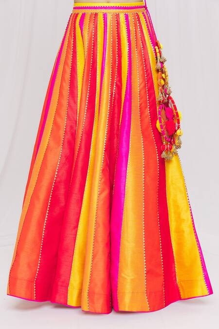 Vandana Sethi Fuchsia Dupion Silk Floral, Gota, Sequin Colorblock Embroidered Lehenga Set at Aza Fashions Vandana Sethi_Fuchsia Dupion Silk Floral, Gota, Sequin Colorblock Embroidered Lehenga Set_at_Aza_Fashions