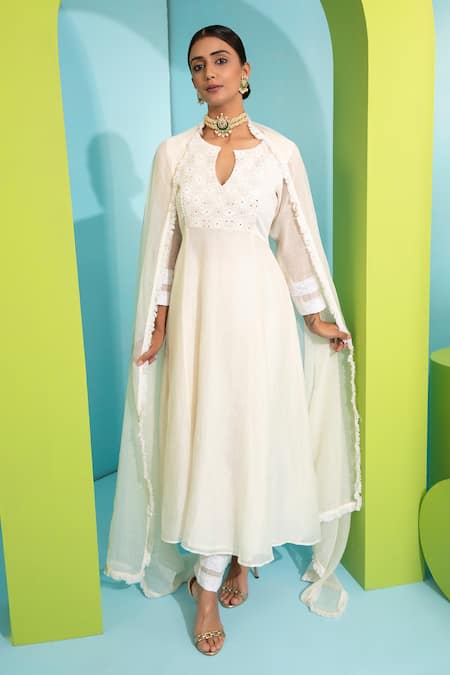 Neha Khullar Ivory Chanderi Silk Embroidered Dori Anarkali Set For Kids Online at Aza Fashions Neha Khullar_Ivory Chanderi Silk Embroidered Dori Anarkali Set For Kids_Online_at_Aza_Fashions