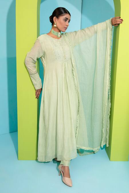 Neha Khullar_Green Shantoon, Chanderi Silk, Kota Lining Cotton Embroidered Anarkali Set _Online_at_Aza_Fashions