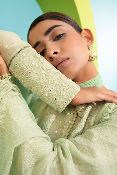 Shop_Neha Khullar_Green Shantoon, Chanderi Silk, Kota Lining Cotton Embroidered Anarkali Set _Online_at_Aza_Fashions