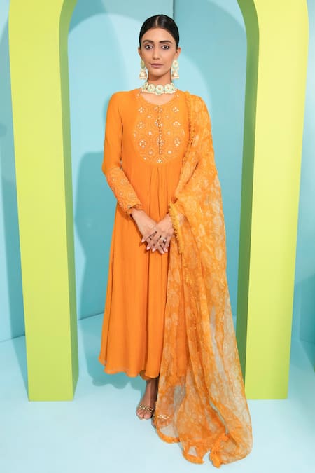Buy_Neha Khullar_Orange Shantoon, Chanderi Silk, Kota Lining Cotton Embroidered Anarkali Set _Online_at_Aza_Fashions