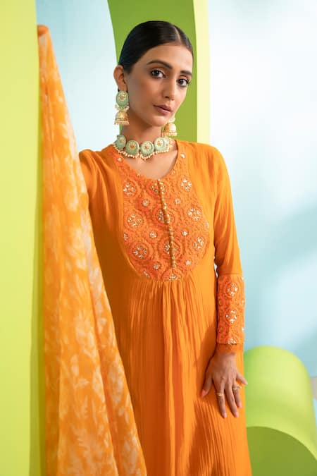 Shop_Neha Khullar_Orange Shantoon, Chanderi Silk, Kota Lining Cotton Embroidered Anarkali Set _Online_at_Aza_Fashions