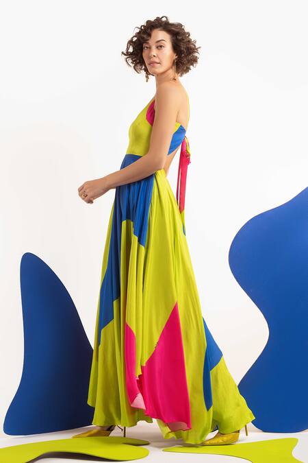 Nautanky_Green Natural Crepe Abstract Shape Print Round Dopmanine Colourblock Dress _Online_at_Aza_Fashions