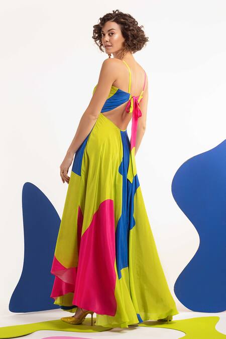 Shop_Nautanky_Green Natural Crepe Abstract Shape Print Round Dopmanine Colourblock Dress _Online_at_Aza_Fashions