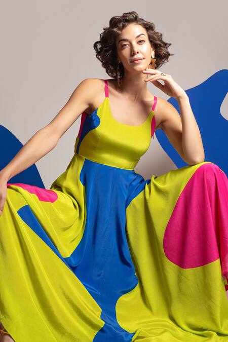 Nautanky_Green Natural Crepe Abstract Shape Print Round Dopmanine Colourblock Dress _at_Aza_Fashions