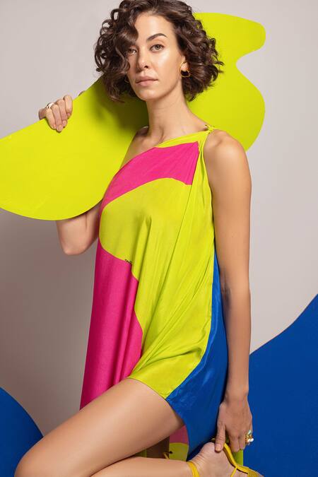 Nautanky_Green Abstract Shape Print One Shoulder Havin A Moment Colourblock Dress _at_Aza_Fashions