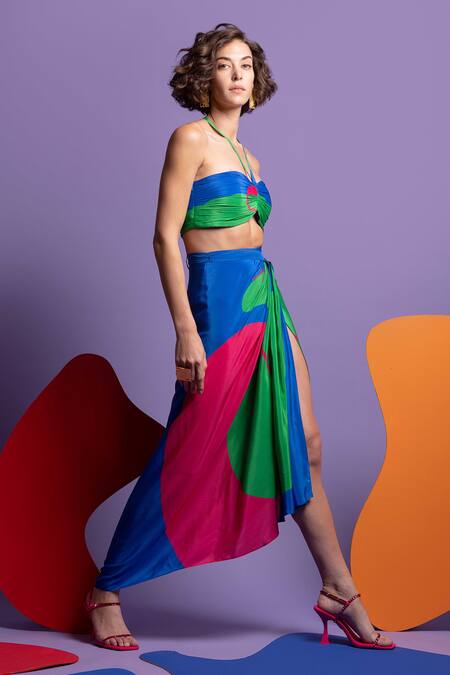 Nautanky_Green Natural Crepe Abstract Shape Print Hit Refresh Colourblock Skirt Set _Online_at_Aza_Fashions