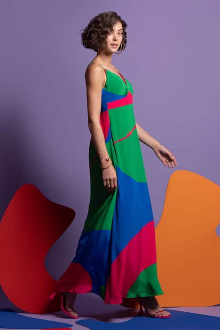 Nautanky_Green Natural Crepe Abstract Shape Print V Neck Redux Colourblock Dress _Online_at_Aza_Fashions