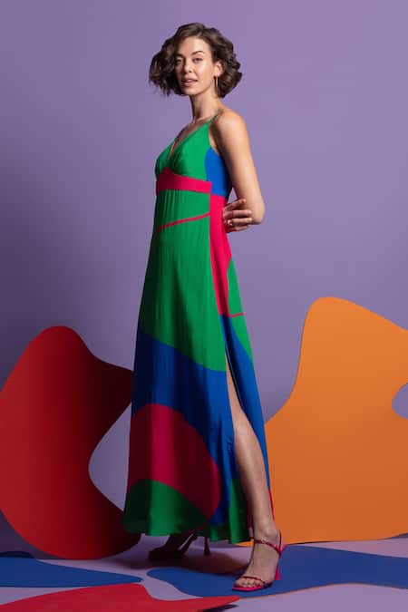 Buy_Nautanky_Green Natural Crepe Abstract Shape Print V Neck Redux Colourblock Dress _Online_at_Aza_Fashions