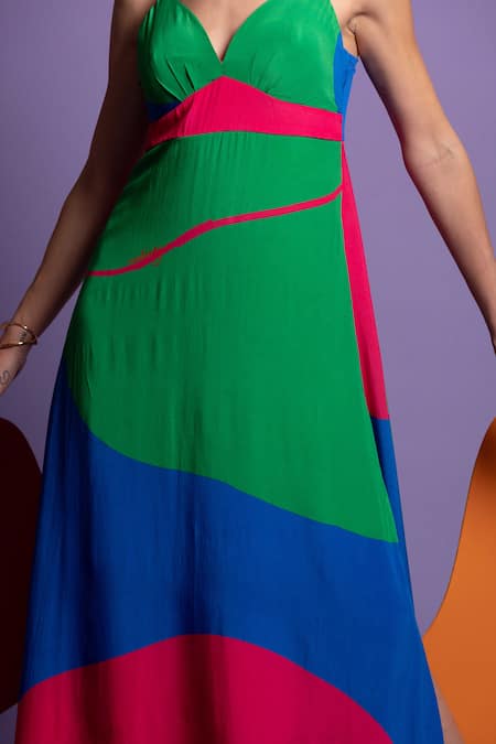 Nautanky_Green Natural Crepe Abstract Shape Print V Neck Redux Colourblock Dress _at_Aza_Fashions