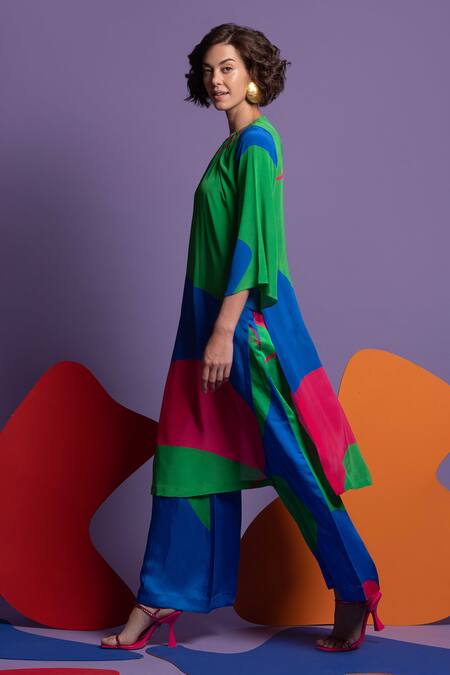 Nautanky_Blue Natural Crepe Abstract Shape Print Round Do Over Tunic And Pant Set _Online_at_Aza_Fashions