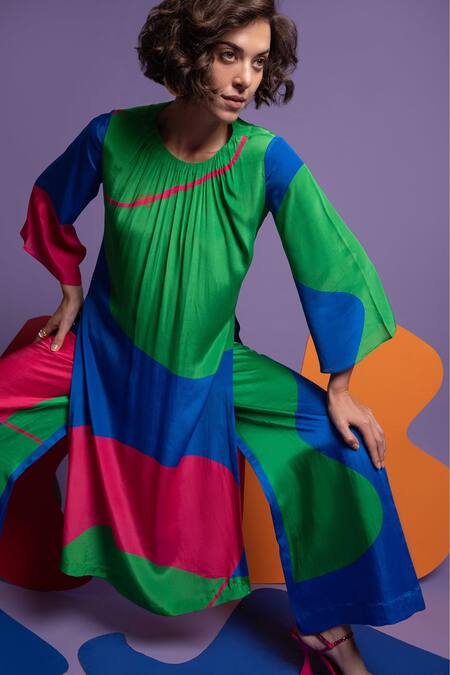 Nautanky_Blue Natural Crepe Abstract Shape Print Round Do Over Tunic And Pant Set _at_Aza_Fashions