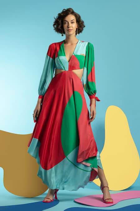 Nautanky Green Natural Crepe Printed Abstract Shape V Cut It Out Colourblock Dress