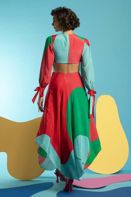 Nautanky_Green Natural Crepe Abstract Shape Print V Neck Cut It Out Colourblock Dress _Online_at_Aza_Fashions