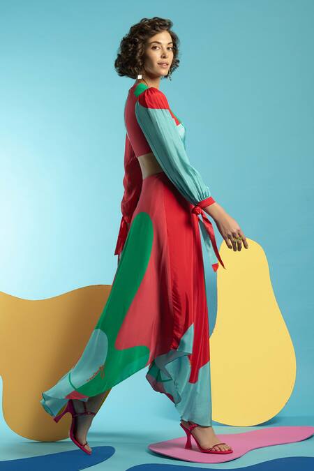 Buy_Nautanky_Green Natural Crepe Abstract Shape Print V Neck Cut It Out Colourblock Dress _Online_at_Aza_Fashions