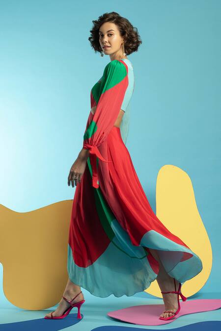 Shop_Nautanky_Green Natural Crepe Abstract Shape Print V Neck Cut It Out Colourblock Dress _Online_at_Aza_Fashions