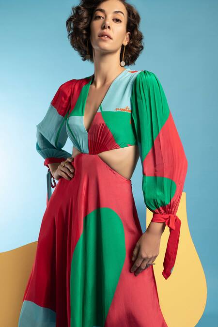 Nautanky_Green Natural Crepe Abstract Shape Print V Neck Cut It Out Colourblock Dress _at_Aza_Fashions