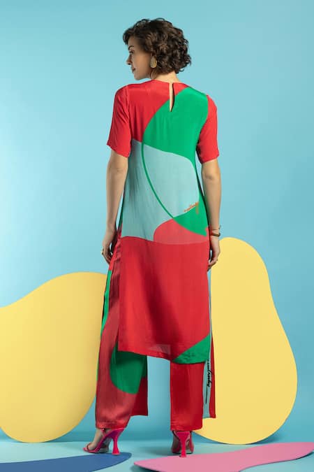 Shop Nautanky Blue Natural Crepe Abstract Shape Print High Party Colourblock Tunic And Pant Set at Aza Fashions Shop_Nautanky_Blue Natural Crepe Abstract Shape Print High Party Colourblock Tunic And Pant Set _at_Aza_Fashions